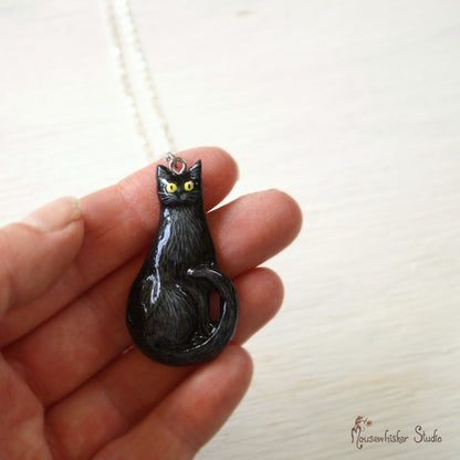 Black Cat Pendant - Hand painted Jewellery