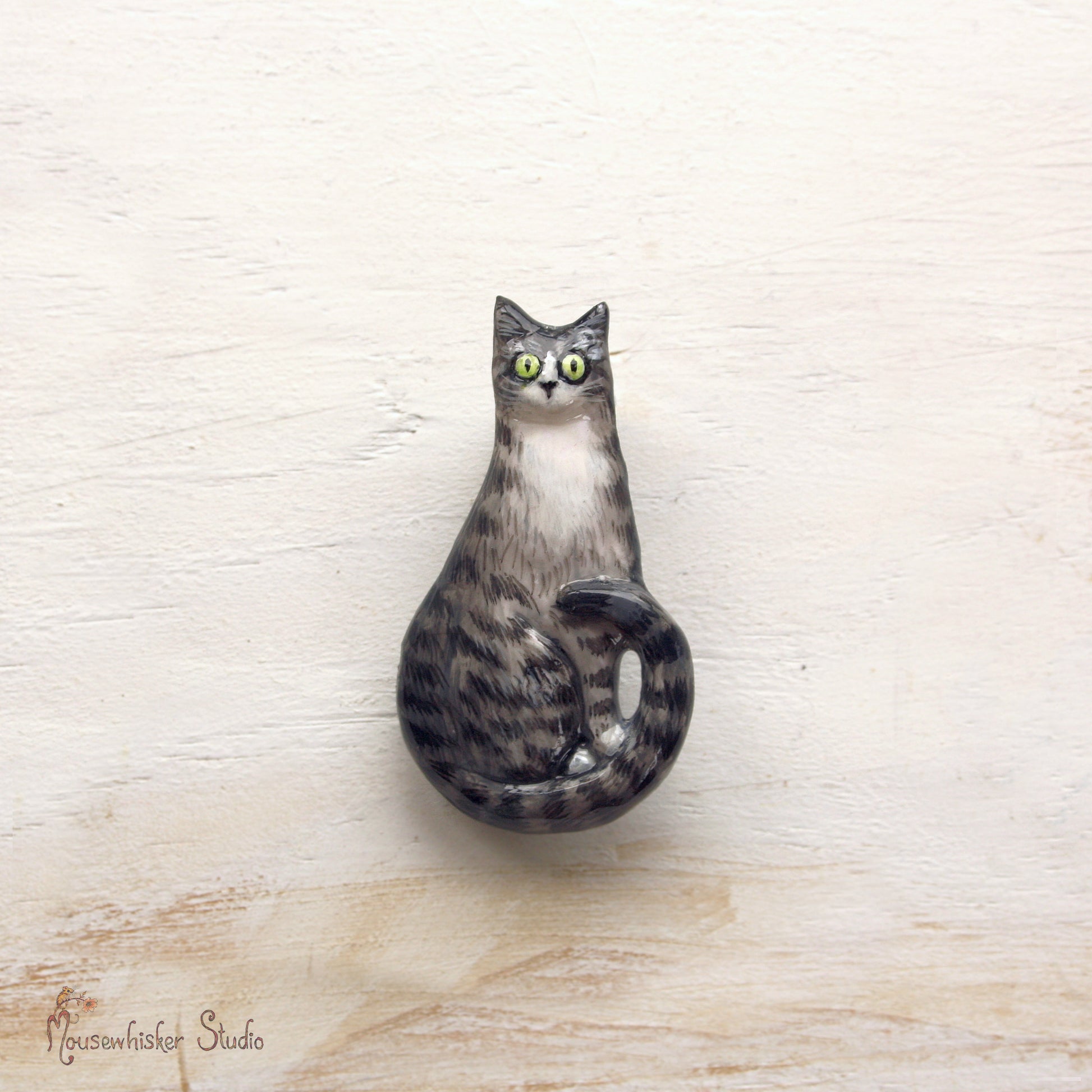 Cat brooch - grey tabby art