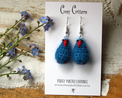 Crocheted Fuzzy Pukeko Earrings