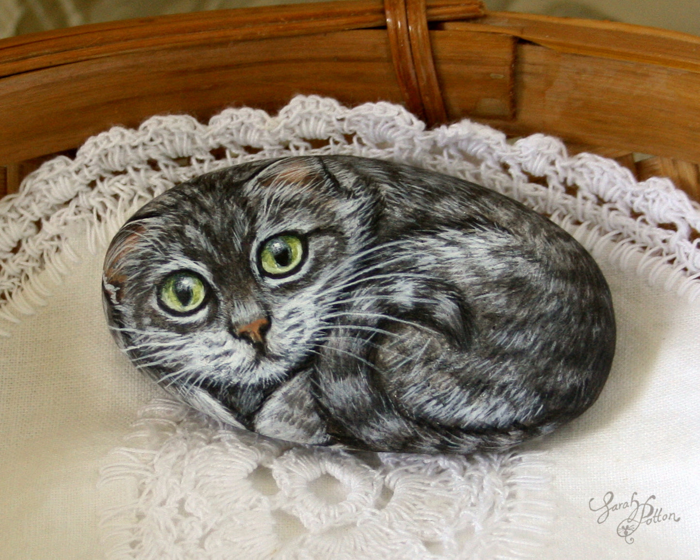 Grey Tabby Cat Painted Rock