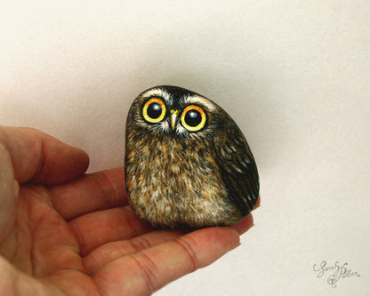 Morepork Painted Stone - NZ Owl Art
