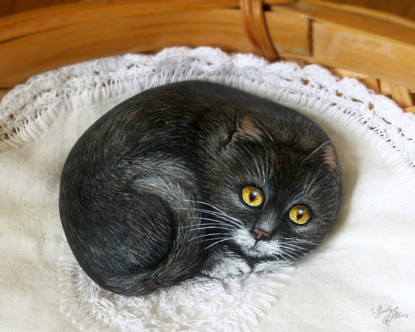 Black & White Cat Painted Stone