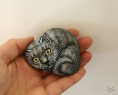 Grey Cat Painting on a Stone