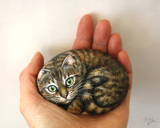 Brown Tabby Cat Painted Rock