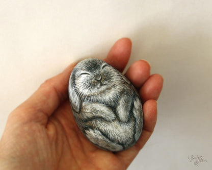 Sleeping Grey Lop Rabbit Painted Stone