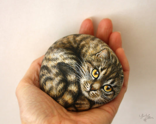 Brown Tabby Cat Painted Rock