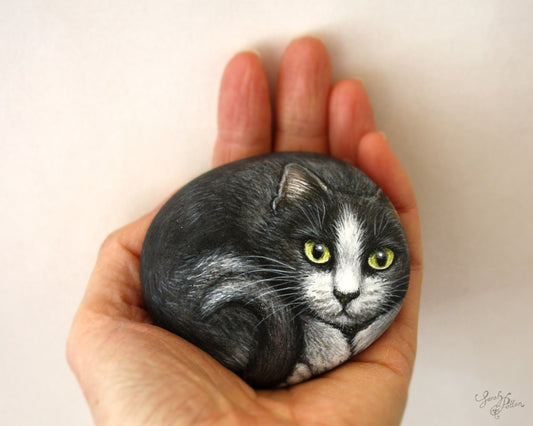Black and White Cat Painted Rock