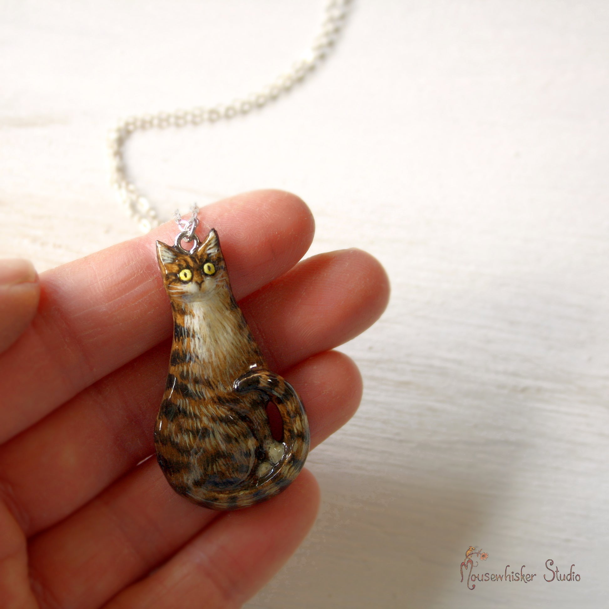 Tabby Cat Pendant - Hand Painted Jewellery 