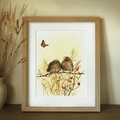 Framed Print of Birds on Wire with Yellow Admiral Butterfly - Kid's Room Decor