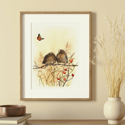 'In a Flutter' - Original Painting of Fledglings & Butterfly