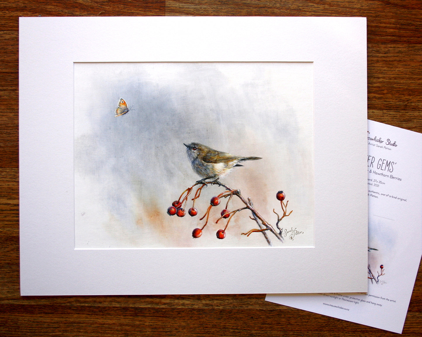 'Winter Gems' - Original Painting of Grey Warbler