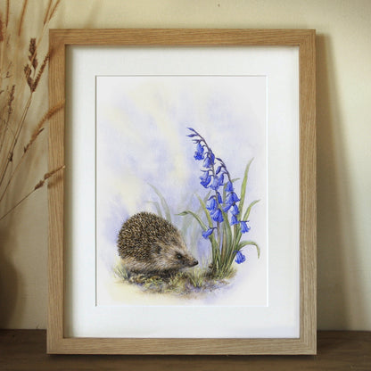 'Woodland Ramble' - Original Painting of Hedgehog & Bluebells