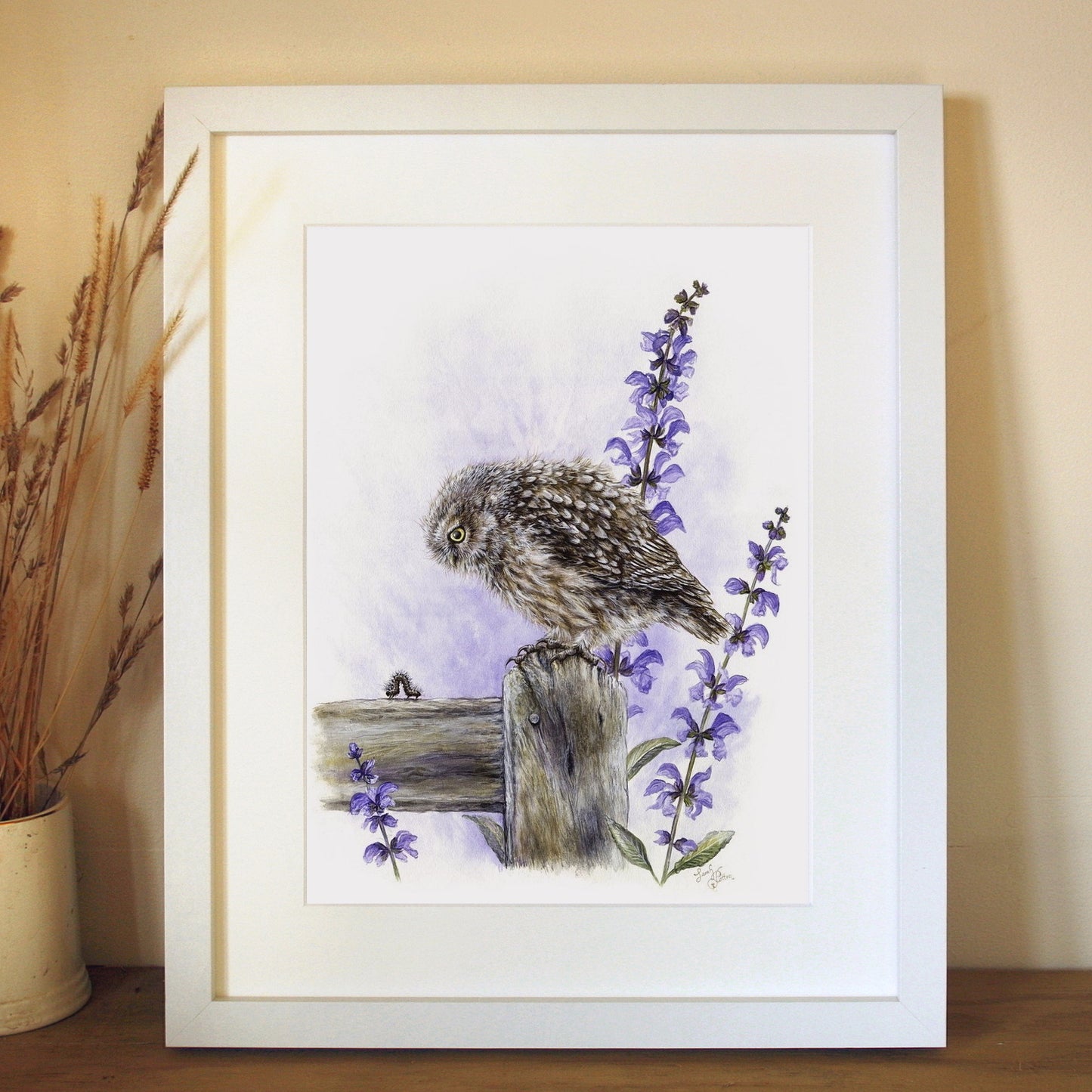 Owl Framed Art by NZ Wildlife Artist - Purple Wall Decor