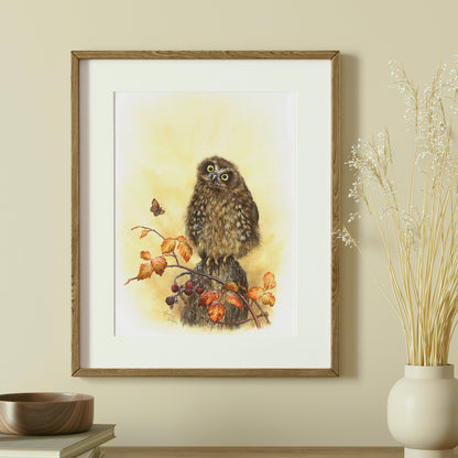 'Autumn Fluff' - Original Painting of Morepork Owl & Brambles